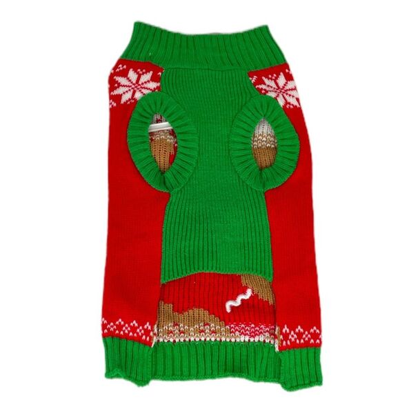 SimplyDog A Bite Out of a Gingerbread Man Dog Sweater, Red, Green, Medium - Picture 2 of 6